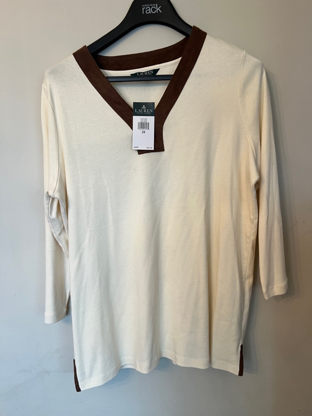 Lauren Ralph Lauren Cream Tee with Brown V-Neck Trim
